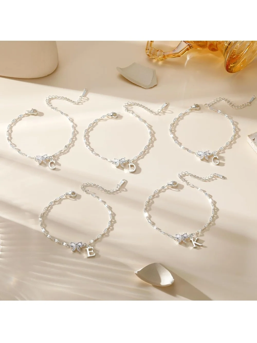 Initial Silver Anklet with Crystal Flower Charm MANY LETTERS AVAILABLE